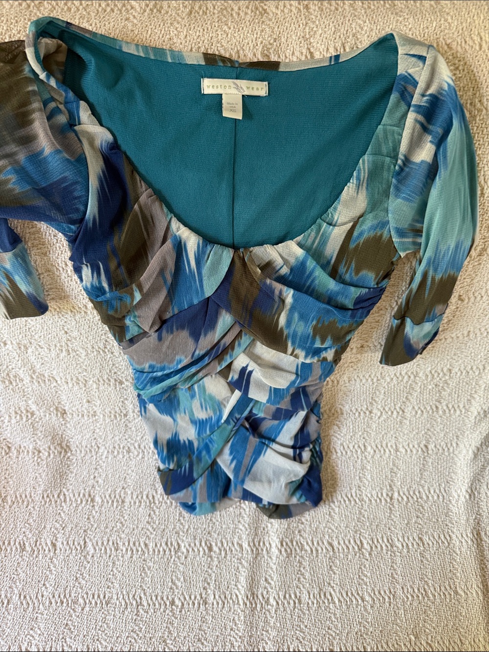 Weston Wear Blue Teal Patterned Ruched Tunic